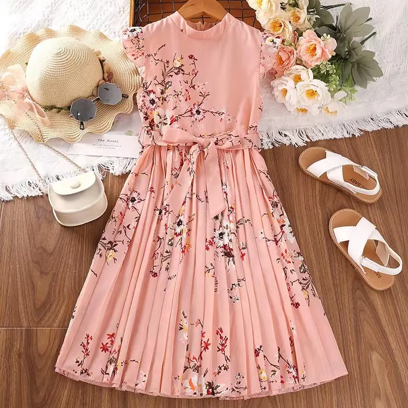 8 10 12 Years Summer Flutter Sleeve Vintage Korean Floral Dress for Teens Girls Clothing Printed Kids Frock Polyester Girl Dress