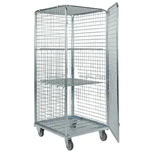 5 side nestable wire roll container, steel security cage with lid and door