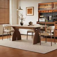 Table à manger en bois massif de style vintage américain avec plateau en travertin, table à manger de style français du milieu du siècle pour la maison