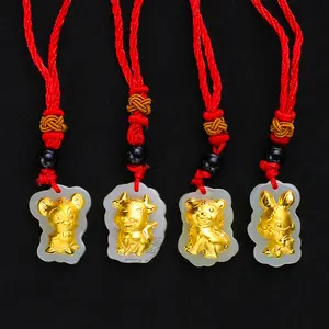 Offre Spéciale zodiaque chinois Hetian jade incrusté 24k pendentif en or mignon dessin animé collier cadeau pour garçons et filles