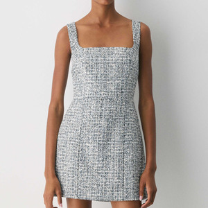 Robe mini trapèze vintage brodée en tweed à col carré sans manches pour femme, taille naturelle, élégante pour le bureau ou les soirées - Product Image 4