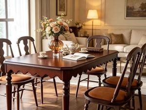 Vintage Dark <b>Wood</b> <b>Dining</b> <b>Table</b> Set, 4 Seater with Scalloped Edge & Upholstered Chairs - Product Image 5