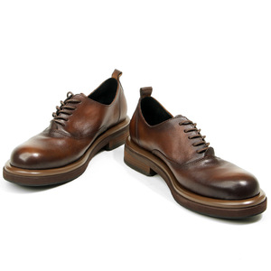 Chaussures en cuir pour hommes, bout rond, marron foncé, en cuir véritable, faites à la main, style vintage, semelle épaisse, plateforme, décontractées, style britannique, robustes - Product Image 3