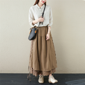Wholesale 2026 Spring Linen Lined Lace-up <strong>Skirt</strong> Women's Embroidered <strong>Elastic</strong> Waist Mid-length A-line Sweet <strong>Skirt</strong> - Product Image 2