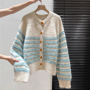 Korean Retro Striped Long Sleeve <b>Cardigan</b> Women Autumn Loose Knit <b>Thick</b> Sweater Coat Blue Cotton Contrast Color Buttons - Product Image 1