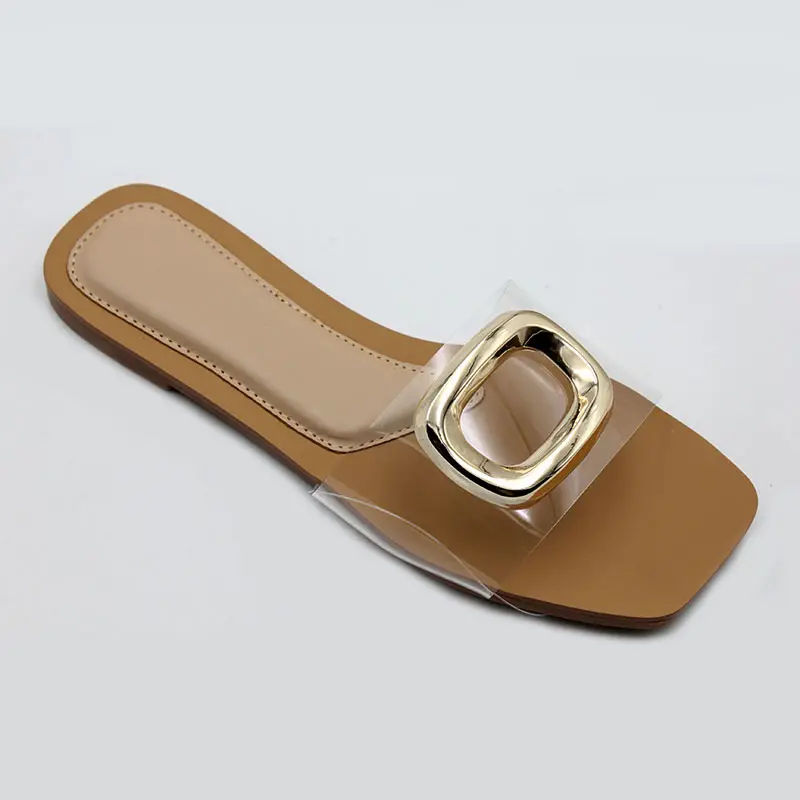 2024 Summer New Ladies Square Toe Slippers Metal Ring Buckle Designer Sandals Women's Flat Fashion Women's Sandals Slippers