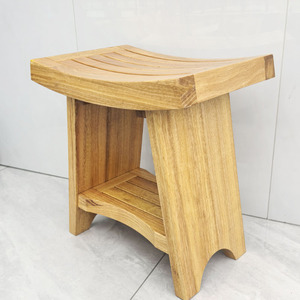 Tabouret de salle de bain incurvé en teck avec espace de rangement, siège de douche en bois massif 44x30,5x46cm, banc de bain multifonctionnel - Product Image 2