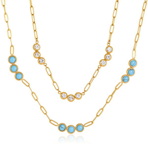 Collier de luxe superposé avec breloque turquoise, chaîne trombone en acier titane plaqué or, chaîne de pull, accessoires de mode pour femmes - Product Image 4