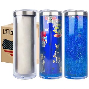Vaso térmico de acero inoxidable de doble pared de 20 oz, blanco plateado, preperforado, tipo globo de nieve, con tapa deslizante y pajita - Product Image 1