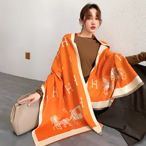 Wholesale fashion double-side horse pattern woven woolen scarf women popular brand ladies winter warm cashmere pashmina shawl