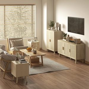 Mesa de Noche Moderna SENYU de Madera con 2 Cajones y Paneles de Ratán para Dormitorio - Product Image 6