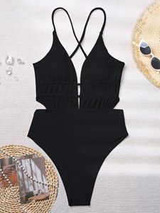 Traje de baño de una pieza con textura y escote en V profundo para mujer, traje de baño sin espalda con aberturas para vacaciones de verano en la playa - Product Image 5