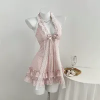 Robe de soirée rose à pois pour femme, col en V, taille nouée, coupe ajustée, sans manches, style doux, ODM