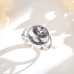Bague ouverte réglable en argent sterling S925 oxydé, phénix, vintage, bijoux spirituels raffinés avec zircone cubique rouge - Product Image 3