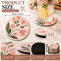 Ensemble de 6 dessous-de-verre en cuir bohème, motif floral rose en forme de cœur, absorbants, résistants à la chaleur, antidérapants, pour la maison, la cuisine, le bureau