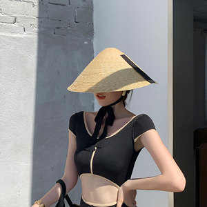 Sombrero de Paja de Trigo con Forma de Pirámide <span class=keywords><strong>para</strong></span> <span class=keywords><strong>Mujer</strong></span>, Estilo Pasarela, Ala Ancha, Sombrero Flexible de Paja, Visera <span class=keywords><strong>para</strong></span> el Sol de Verano, Playa, <span class=keywords><strong>Lluvia</strong></span> - Product Image 2