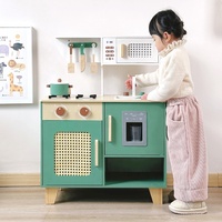 StarQmi Ensemble de cuisine en bois rétro vert pour enfants, avec accessoires de cuisson et ustensiles, pour les tout-petits et les enfants d'âge préscolaire de 2 à 7 ans