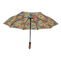 Parapluie de voyage compact personnalisé haut de gamme, entièrement automatique, à impression numérique, motif vintage, imperméable, avec poignée en bois en forme de J, pliable en 3 sections