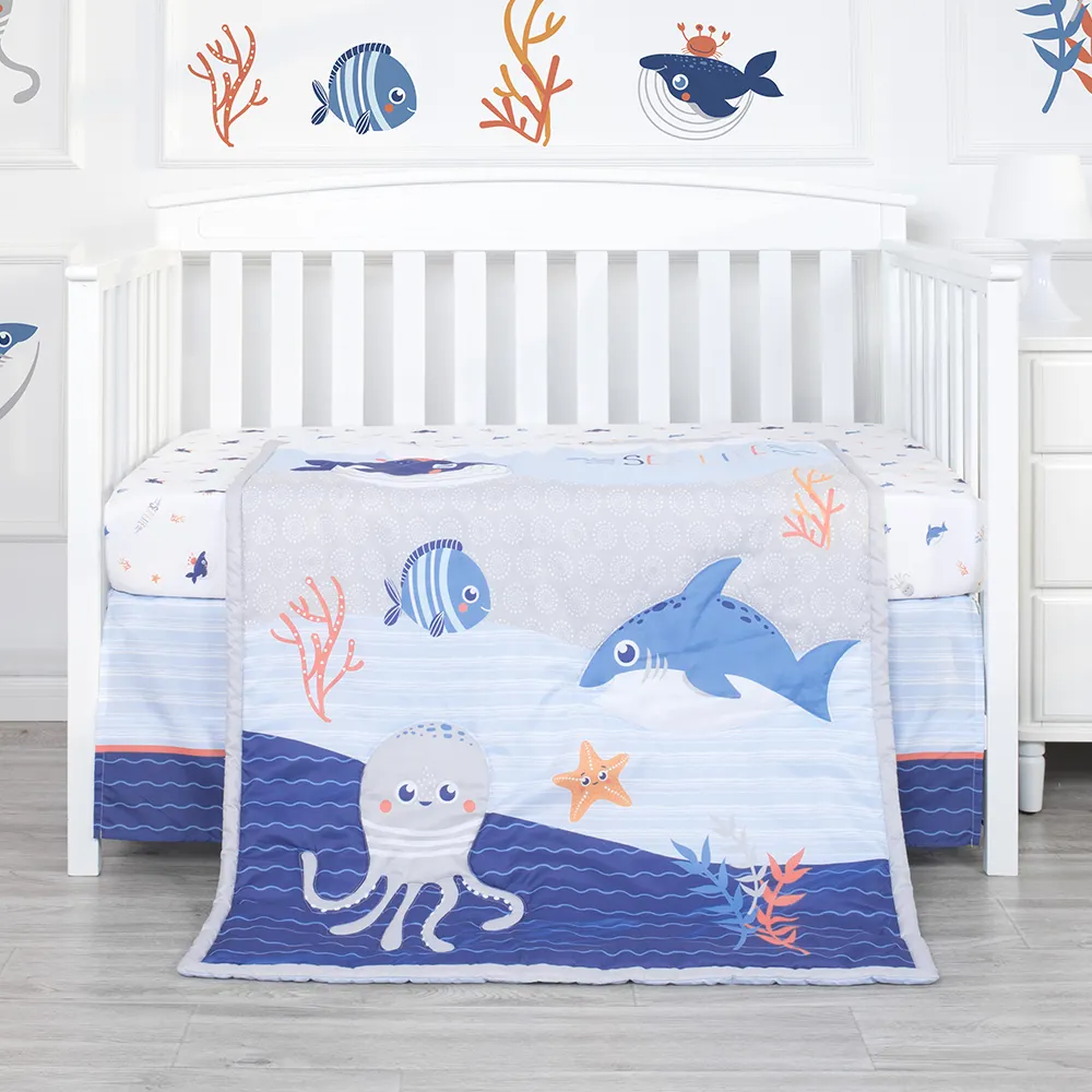 Cartoon Animal Ocean Theme 100% Cotton Baby Boy Bed Sheet Set Nursery Baby Bedding Sets