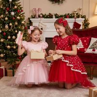 Gaun Pesta Anak Perempuan Model Puff Sleeve Polka Dot dengan Ekor, Gaun Putri untuk Pernikahan, Pengiring Pengantin, Penampilan Piano, atau Kostum