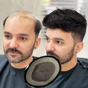 Durable Human Hair Prosthesis Pieces Handsome Wavy Black Indian Hair Integrated Mono Toupee Man 130 for Hair Loss Restoration