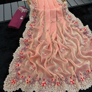 Saree en mousseline de soie de Look exclusif indien pakistanais avec chemisier élégant élégant fantaisie ethnique dernière tenue de fête à la mode femmes - Product Image 2