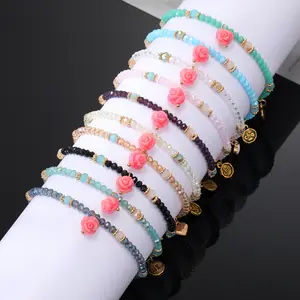 New Design Elastic Handmade Beaded Bracelet Acrylic Rose Flower Charm Faceted Crystal Bead Bracelet