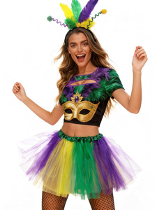 Conjunto de Disfraz de Carnaval Brasileño de Mardi Gras con Top Corto de Plumas y Falda Tutú Arcoíris - Product Image 1