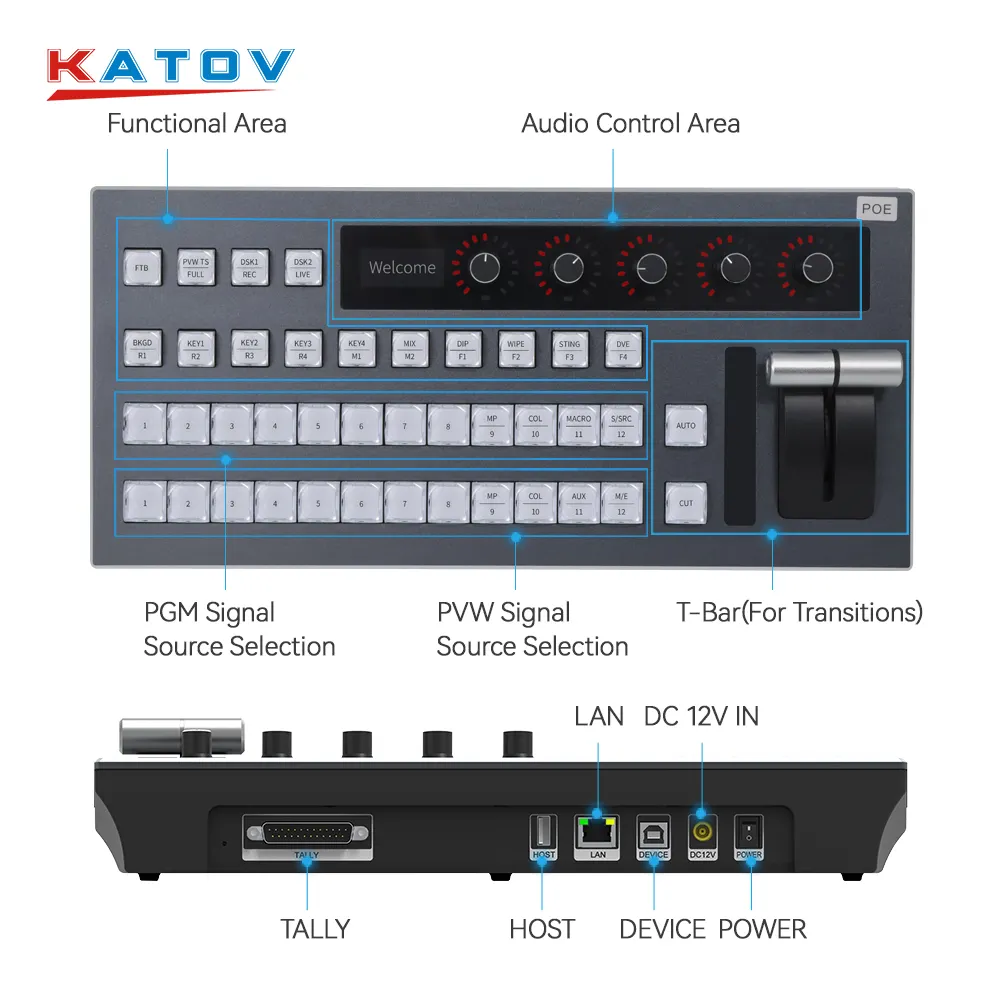 KATO VISION 12 kanal IP USB sanal canlı akış video değiştirici matris blackmagic ATEM switcher santral kontrol paneli