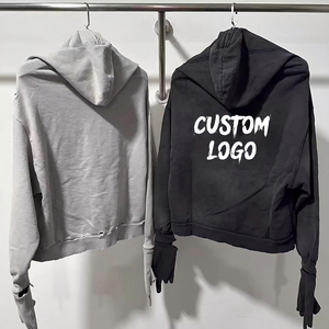 Wholesale High Quality European American Custom Logo High Street Fashion <b>Full</b> <b>Zip</b> <b>Hoodie</b> with Glove Loose Men's Cotton <b>Hoodie</b> - Product Image 2