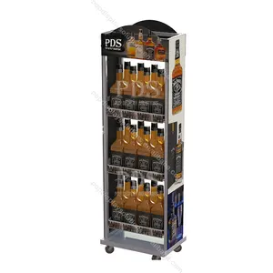 Metal Floor with wheel Supermarket Retail whisky bottle display stand Display Shelf Wine Display Rack