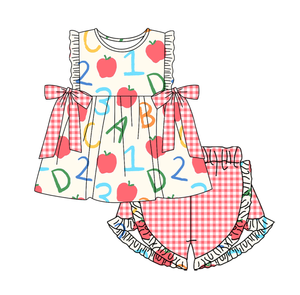 Pantalones Cortos y Vestidos Casuales Personalizados para el Regreso a Clases con Estampado de Manzanas ABC, de Algodón y Elastano Transpirable para Niños, Combinados para Hermanos, Primavera Otoño - Product Image 3
