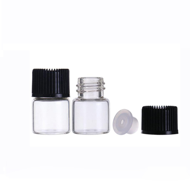1 ml (1/4 Dram) Transparent Glass Vials Bottles with Orifice Reducers and White Black Caps Sample Essential Oil Vials