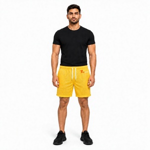 Shorts Bermuda en maille jaune pour homme, taille mi-haute, cordon de serrage, séchage rapide, décontracté, athlétique, couleur unie, logo frontal, maille tricotée - Product Image 1