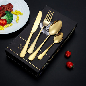 Pei Jiale Stainless Steel Cutlery Set 24 Pieces Black Gold Steak Knife Fork Spoon Tea Spoon <b>Gift</b> <b>Box</b> - Product Image 1