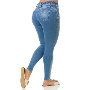 Venta al por mayor de fábrica de elástico de cintura alta y perforado azul pequeño pie roto lápiz largo <span class=keywords><strong>pantalones</strong></span> <span class=keywords><strong>vaqueros</strong></span> de las mujeres - Product Image 3