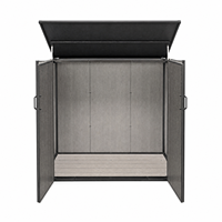 Armoire de rangement extérieure avec portes battantes doubles, toit surélevé et panneaux d'aération pour pelouse, patio et jardin