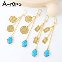 Parures de bijoux colorées en gros, ensemble de bijoux en or 18 carats avec pièce de monnaie carrée en forme de rose, design Dubaï, vintage, pièce de monnaie turquoise, ensemble de 3 pièces pour mariage