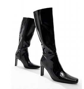 Bottines longues à talons épais et bout carré pour femmes, taille 46, en cuir verni brillant, avec fermeture éclair latérale, design unique - Product Image 5