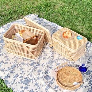 Summer bamboo picnic basket hand-woven large storage basket with lid household storage box