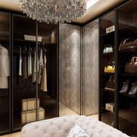 Garde-robe personnalisée en forme de L, armoire de luxe, avec porte en bois et porte en verre trempé