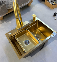 Évier de cuisine cascade en acier inoxydable doré, moderne, à cuve unique, à encastrer sous plan, avec robinet extractible doré