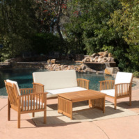 Set da conversazione in legno di acacia marrone da 4 pezzi - Cuscini resistenti all'acqua, mobili da conversazione durevoli per patio all'aperto