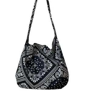 High quality Wholesale Black Paisley Custom Printing Shopping Beach Canvas Carry Bag shoulder tote bag