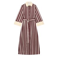 Robe midi chic et décontractée pour femme, nouvelle collection 2026, à rayures, avec ceinture décorative et revers, style rétro, à manches longues.
