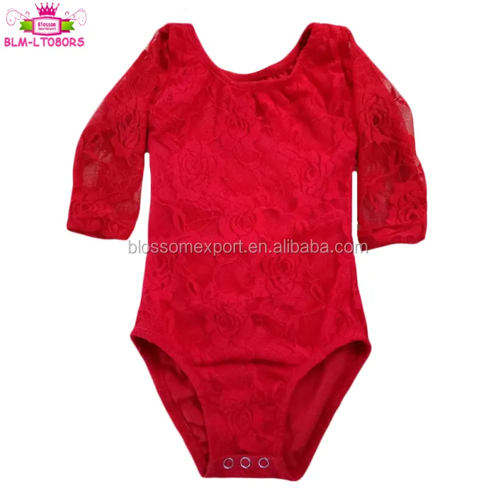 Pakaian Natal Merah Polos Baju Monyet Renda Bayi Bodysuit Leotards Senam Anak Perempuan Atasan Renda Lengan Panjang untuk Bayi