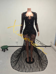 Ocstrade mới tính khí đầy đủ cơ thể màu đen Rhinestone V cổ Bodycon dài tay áo Sheer xem qua buổi tối ăn mặc Sage thanh lịch - Product Image 3