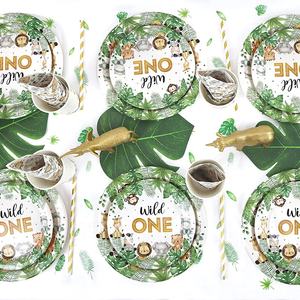 Sauvage One <span class=keywords><strong>anniversaire</strong></span> décorations assiettes Set Safari <span class=keywords><strong>Jungle</strong></span> assiettes à thème tasses serviettes pailles ensembles garçons première fête fournitures - Product Image 5
