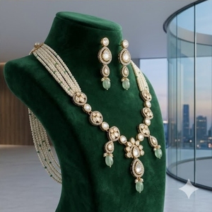 Traditional Pearl 925 Silver Kundan <b>Necklace</b> Set Gold Bridal Jewelry with Earrings Diamond Accents for Women Wedding Jewelry - Product Image 3