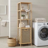 Étagère de rangement multifonctionnelle à 4 niveaux pour salle de bain, porte-serviettes, support de douche, étagères de rangement en bambou avec panier à linge